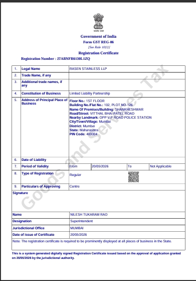 GST Registration Certificate - Rasen Stainless LLP